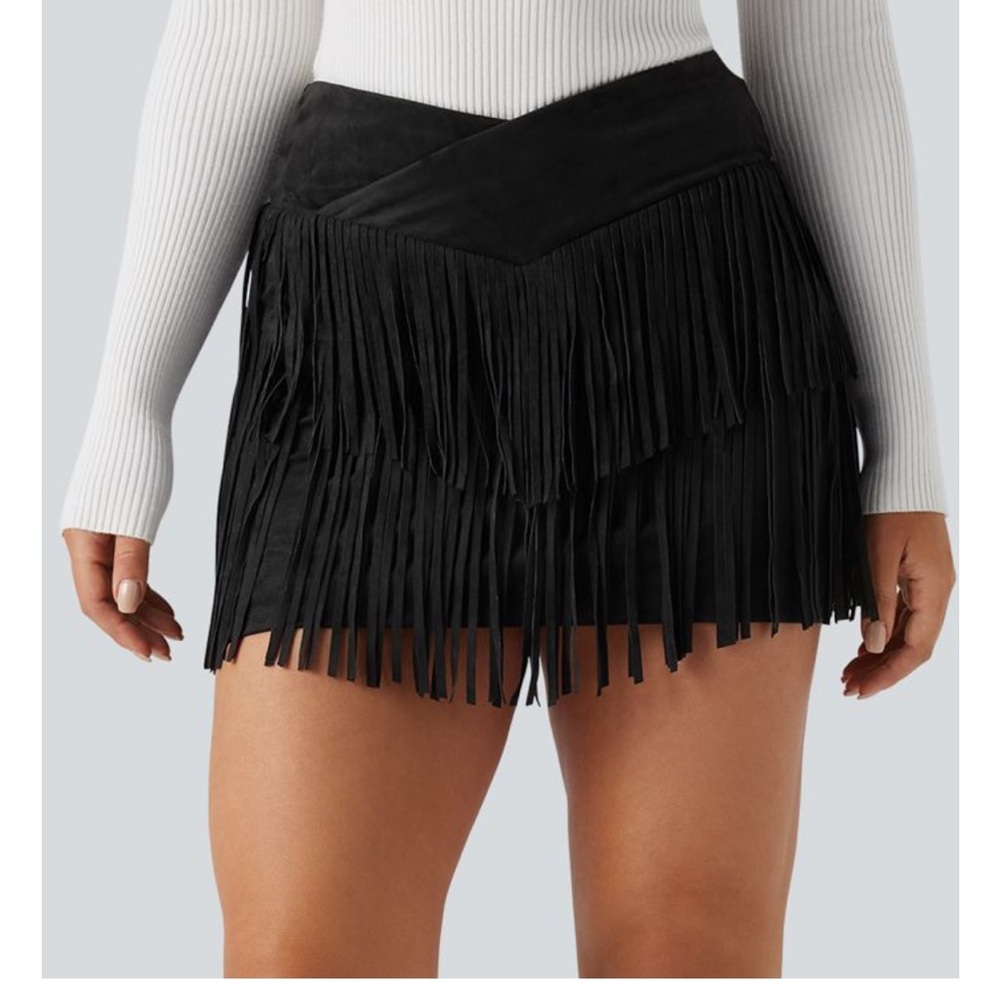 Halara Crossover High Waisted 2-in-1 Fringe Hem Bodycon Mini Suede Skirt Sz Med